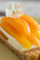 Close-up of a mango tart slice with cream and edible flower on a ceramic plate, perfect for bakery...