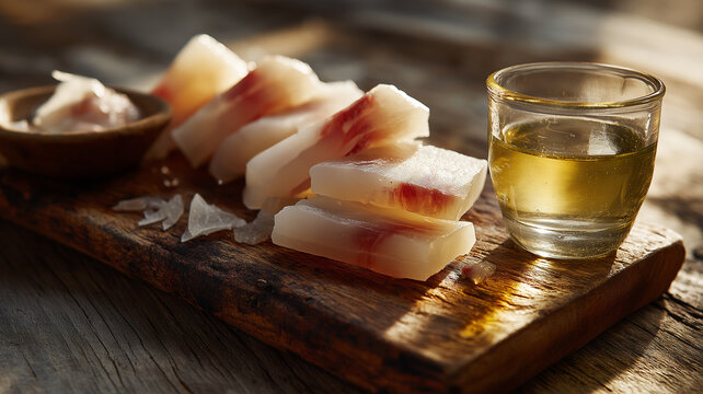 Hakarl Fermented Shark on Rustic Wooden Board with Brennivin