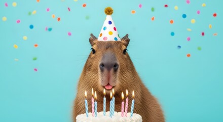 A capybara wearing a birthday hat and sunglasses sits in front of a cake with lit candles, surrounded by falling confetti