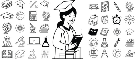 Essential Educational Line, Modern Learning Icons, Elegant Education Line Icons, Back to School Icon Set, All-in-One Education Line Icons, Vector Pack of STEM, Arts, School Tools, and Student Life.