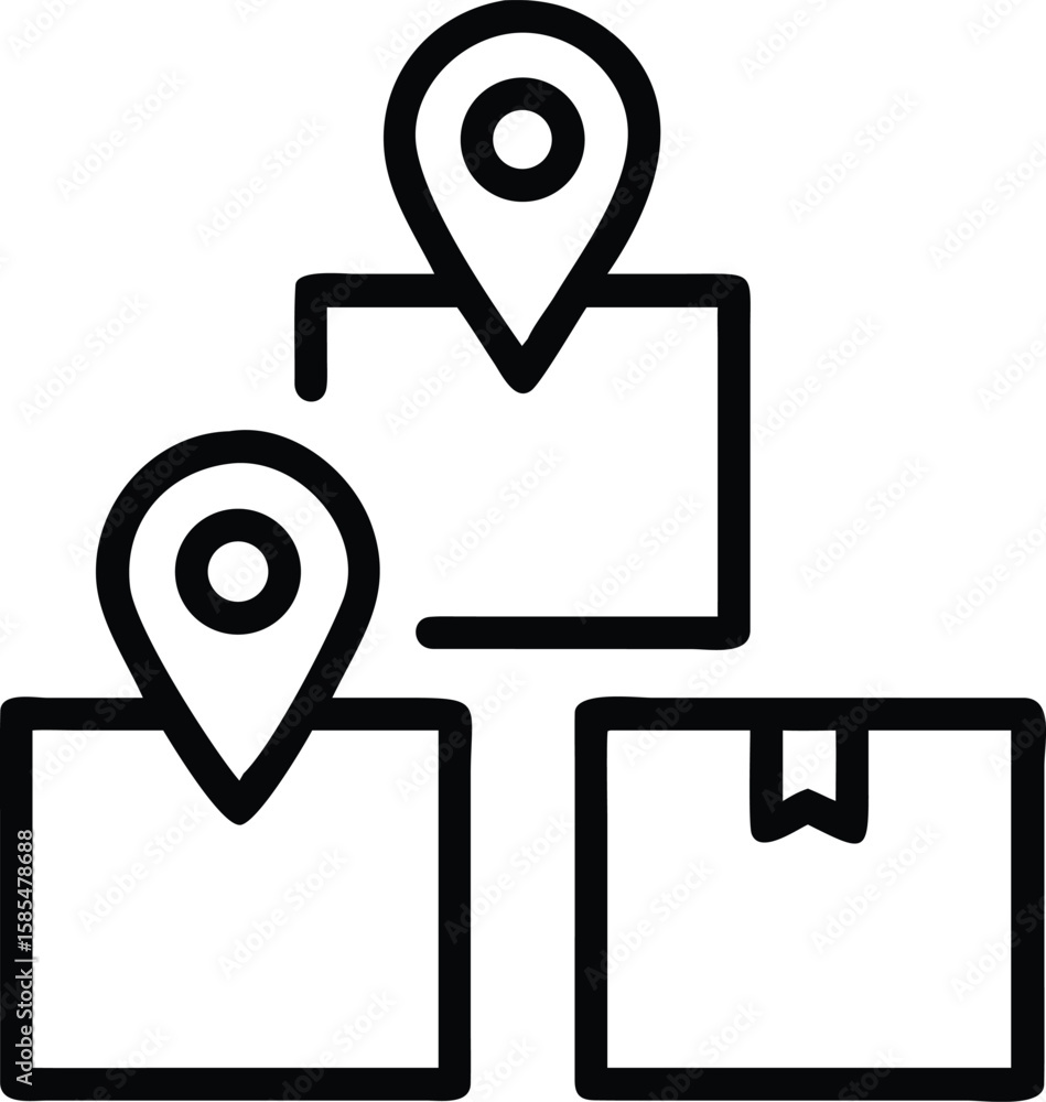 Poster delivery boxes and destination pointers in simple line art style logistics