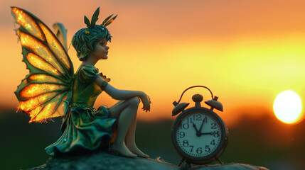 Glowing Fairy Figurine with Antique Clocks at Sunset