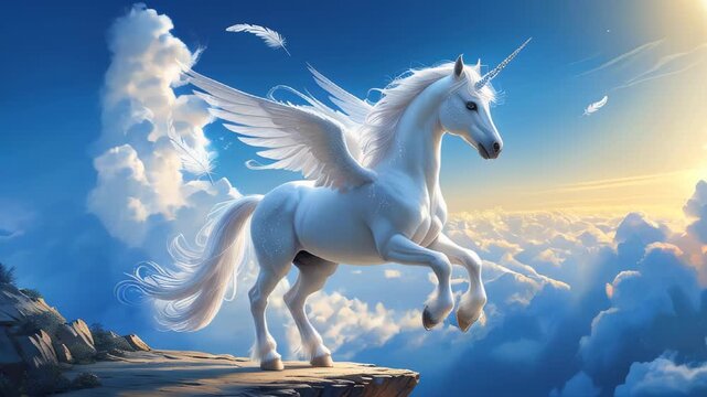 A magnificent white winged unicorn stands tall on a cliff, gliding above the clouds, capturing the spirit of freedom and fantasy in a stunning, sky-high dreamlike setting