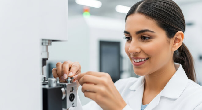Focused female scientist in laboratory adjusting modern scientific equipment, engaged in precise experiment for advanced research and technology innovation