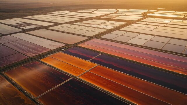 Aerial View of Vibrant Salt Pans Reflecting Sunset Colors