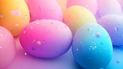A vibrant close-up of pastel-colored Easter eggs with water droplets. Festive spring decoration.
