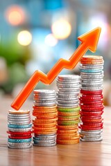 Gráfico ascendente que refleja el crecimiento financiero entre montones de monedas