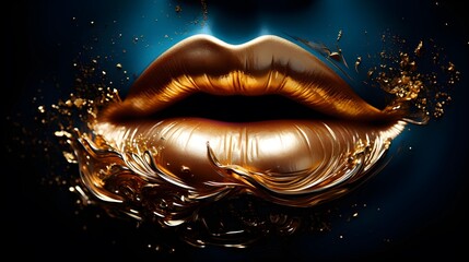 Golden lips dripping with liquid gold, a luxurious and glamorous artwork.