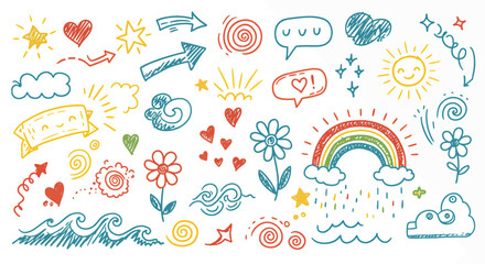 Vibrant and Playful Hand-Drawn Doodle Art Collection: Featuring Hearts, Stars, Clouds, Rainbows, Flowers, Arrows, and Various Symbols on a White Background