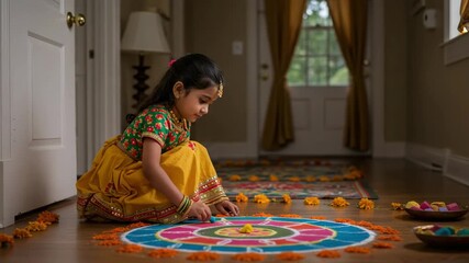 Indian girl drawing rangoli at home entrance for Janmashtami. Colorful powder art, traditional clothes, morning light. 3D realistic scene with festive and cultural mood.