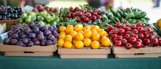 Live colorful fruits and vegetables at the market. Cooking blogs, food advertising, articles about healthy eating.
