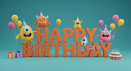 Obraz premium A cheerful 3d illustration celebrating a happy birthday with colorful monsters, balloons, gifts, and a cake