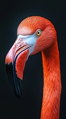Close-up of a flamingo's head with bright plumage and expressive gaze, useful for articles about nature and animals.