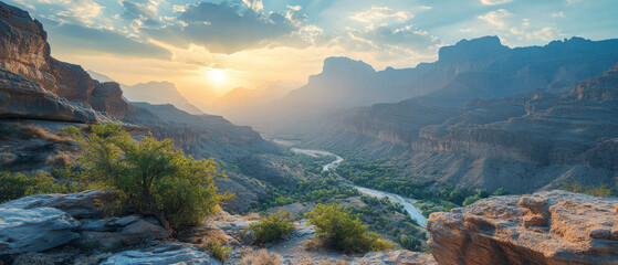 Canyon panorama with river and sunset. Useful for articles about nature and travel.