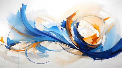 Abstract artwork featuring blue, orange, and white brushstrokes in a dynamic composition.