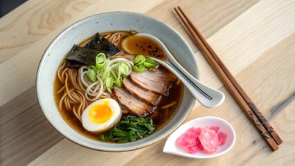 Top-down view of shoyu ramen with clear amber broth, noodles, chashu, egg, menma, scallions, narutomaki, and nori. Soft daylight on wood or stone adds warmth and balance. Pure, elegant setup.