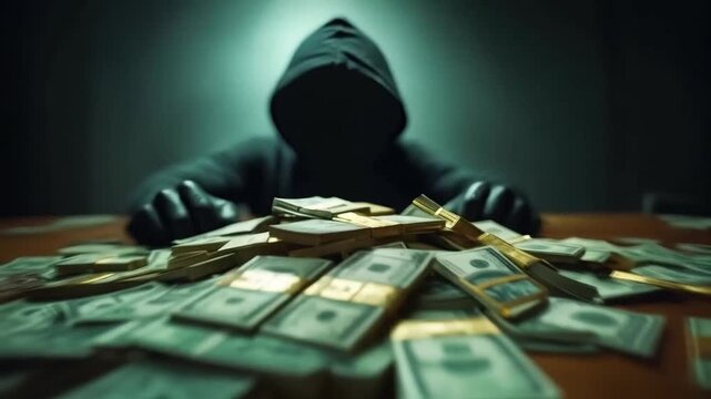 Shadowy Figure in a Hoodie Surrounded by Stacks of Money