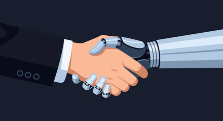 Human handshaking robotic hand, symbolizing collaboration between humans and artificial intelligence in business and technology, a futuristic partnership concept.