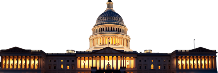 US Capitol building at night isolated on free PNG Background, Washington DC, USA.  white background in PNG format.
