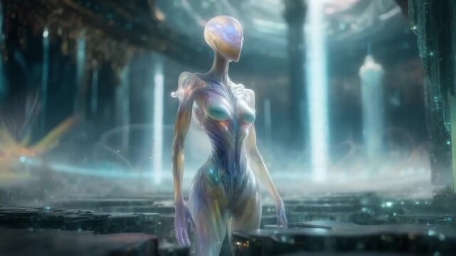 Futuristic Humanoid in Mystical Realm with Glowing Pillars and Mist