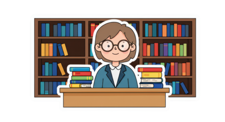 Cartoon Person Studying with Books in Library