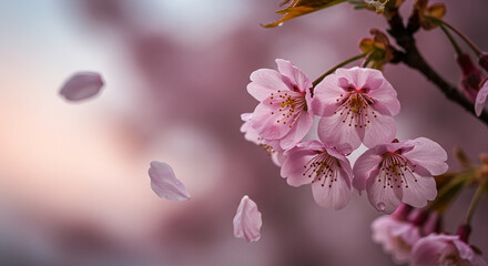 Delicate pink cherry blossoms with falling petals in soft focus background