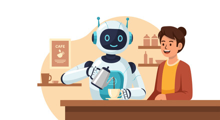 Friendly robot barista serves coffee to a smiling customer at a modern cafe, showcasing futuristic service and hospitality.