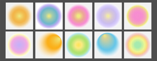 Y2k aesthetic blurred gradient aura circle. Trendy set of modern blurry round figures in brutalism style.