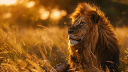 Fototapeta premium Majestic Male Lion in Golden Hour Light 
