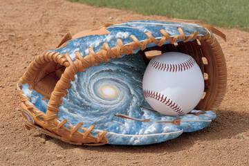 Baseball glove galaxy baseball surreal leather cosmic field imaginative creative fantasy unique outdoor sports universe spiral brown white blue