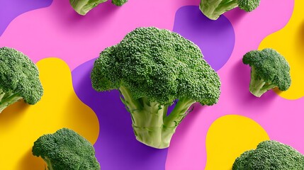 A top-down view of fresh green broccoli on a colorful background, symbolizing healthy, vegetarian food choices for improved nutrition.