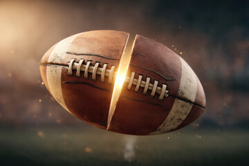 Rugby ball splitting in half with golden light dramatic glowing sports outdoor action energy dynamic surreal creative