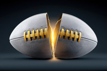 Rugby ball split in half with golden light shining from inside, dramatic lighting, dark background, creative concept