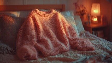 Cozy peach sweater draped on a bed with warm lamp light