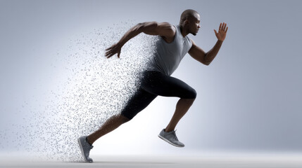Athletic man running forward dissolving into particles dynamic motion strength determination fitness energy speed focus