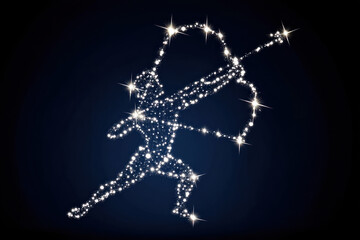 Archer constellation silhouette made of sparkling stars on dark blue background, symbolizing Sagittarius zodiac with magical, celestial energy