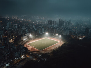 Illuminated stadium cityscape night foggy atmosphere urban area sports field glowing lights dramatic mood high angle view