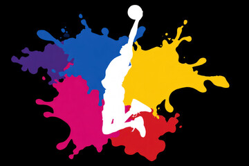 Silhouette basketball player jumping with ball, colorful paint splashes background, dynamic action, energetic sports art