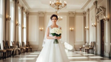 Elegant bride holding bouquet in a beautiful indoor setting