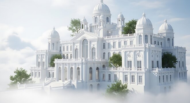 Ornate white palace floating among the clouds