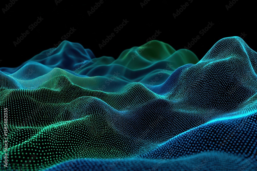 Poster blue and green dotted waves cascade across a black background, digital rendering. for tech, science 