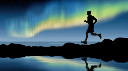 Silhouette runner aurora night sky reflection water landscape peaceful outdoor