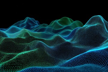 Fototapeta premium Blue and green dotted waves cascade across a black background, digital rendering. For tech, science or data-driven visualizations and modern concepts.