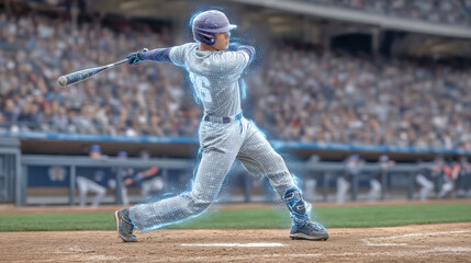 Baseball player swinging bat with digital hologram effect, dynamic action, stadium background, energetic atmosphere