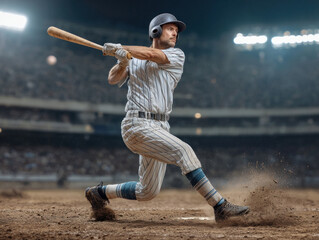 Baseball batter swinging with visible motion blur, dirt flying, intense focus, stadium lights, striped uniform, action sports scene