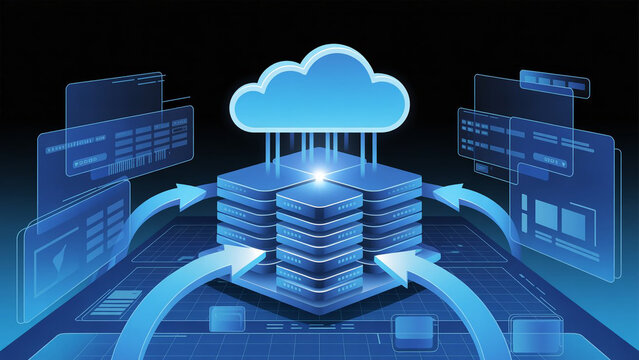 Cloud computing technology illustrative diagram depicting data servers and information flow