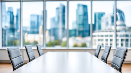 Modern conference room with empty chairs and large windows overlooking blurred cityscape, bright daylight creates professional atmosphere