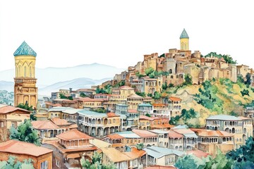 Fototapeta premium Tbilisi in Georgia architecture illustration watercolor.