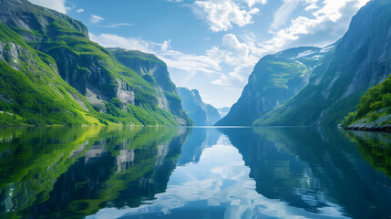 Fototapeta premium Serene Fjord Landscape with Steep Green Cliffs Mirrored in Calm Water