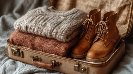 Cozy autumn travel essentials knitted sweaters and leather boots in a vintage suitcase